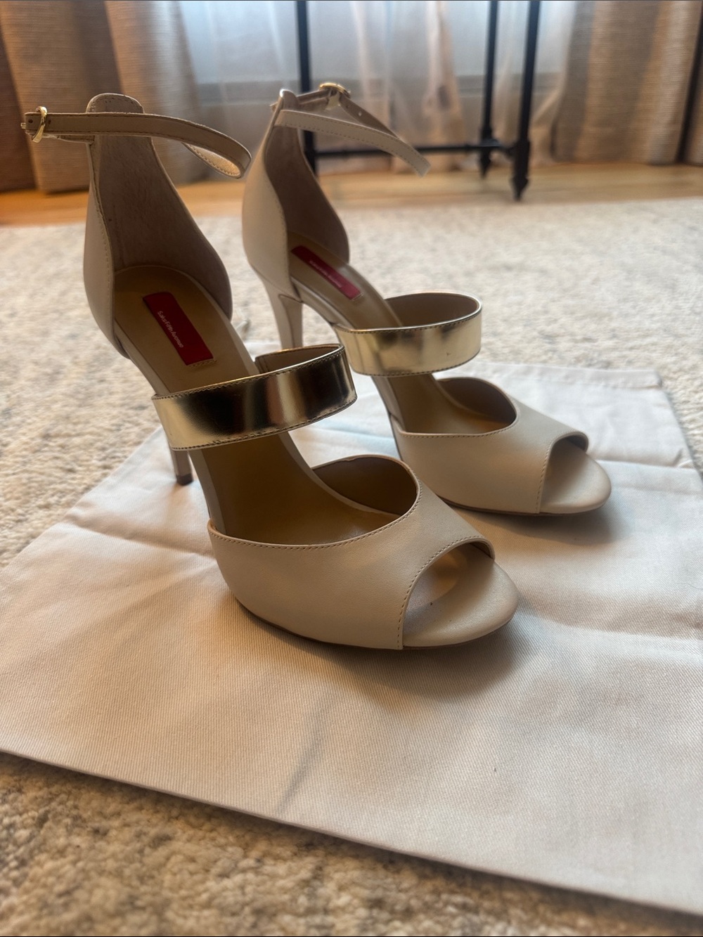 Saks Fifth Avenue Cream Open-Toe Heels with Gold Strap